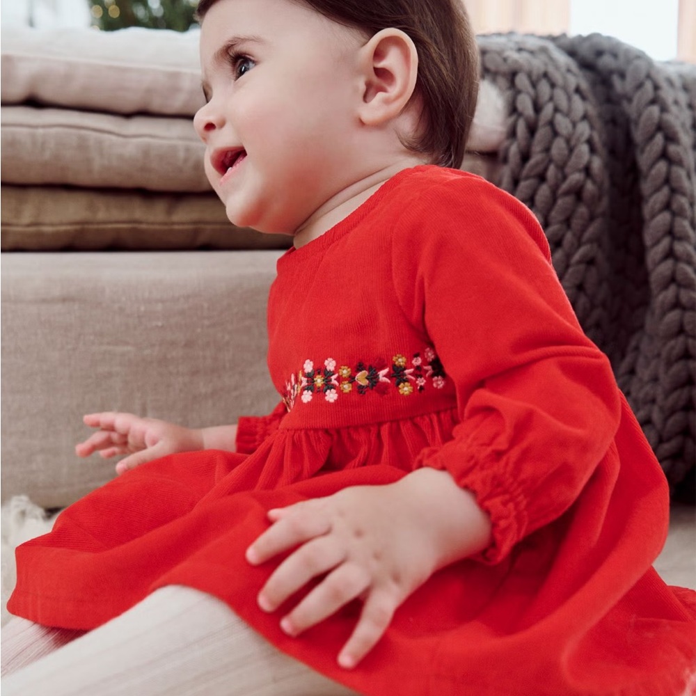 Hanna Andersson Red Corduroy  Dress with Floral Embroidery